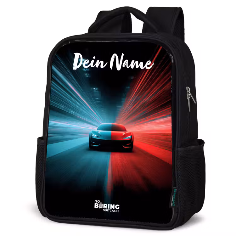 Sportauto - Blauw - Neon - Stad Rugzak - Zwart middel -schuin