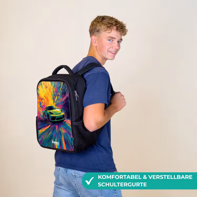 Sportwagen - Explosie - Kleurrijk - Verfstrepen Rugzak - Zwart middel -sfeer9_DE