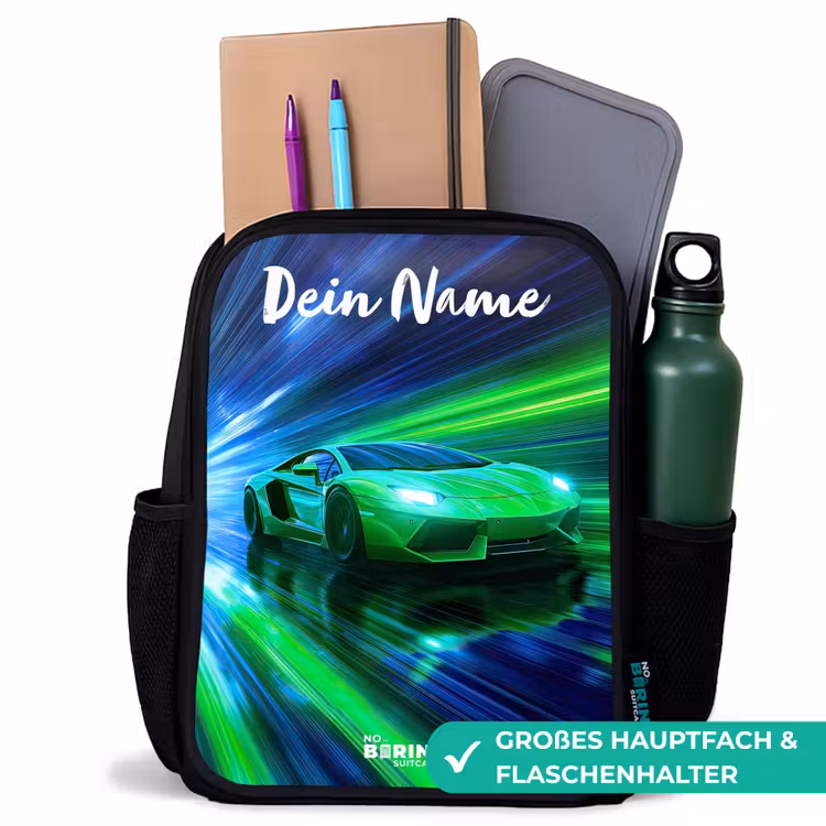 Sportauto - Groen - Snelheidslijnen - Neon Rugzak - Zwart middel -inhoud_DE