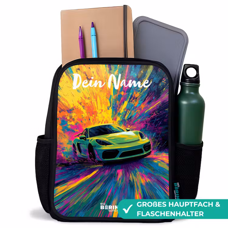 Sportauto - Groen - Verfstrepen - Kleuren Rugzak - Zwart middel -inhoud_DE