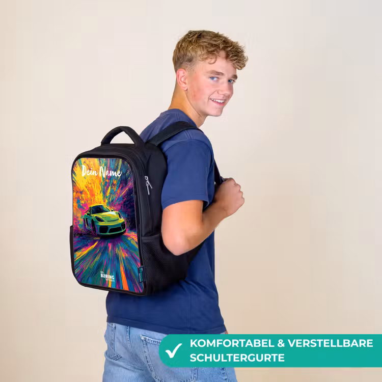 Sportauto - Groen - Verfstrepen - Kleuren Rugzak - Zwart middel -sfeer9_DE