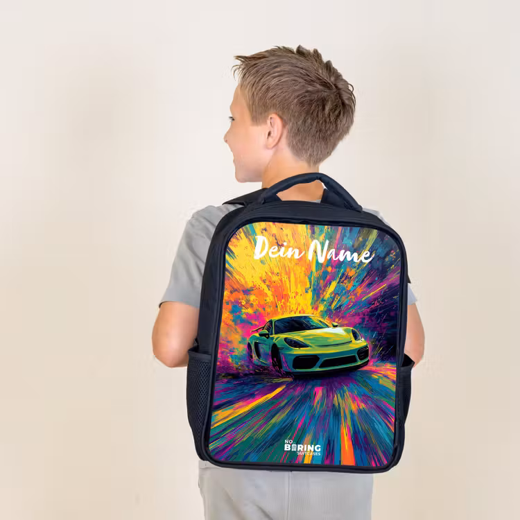 Sportauto - Groen - Verfstrepen - Kleuren Rugzak - Zwart middel -sfeer2