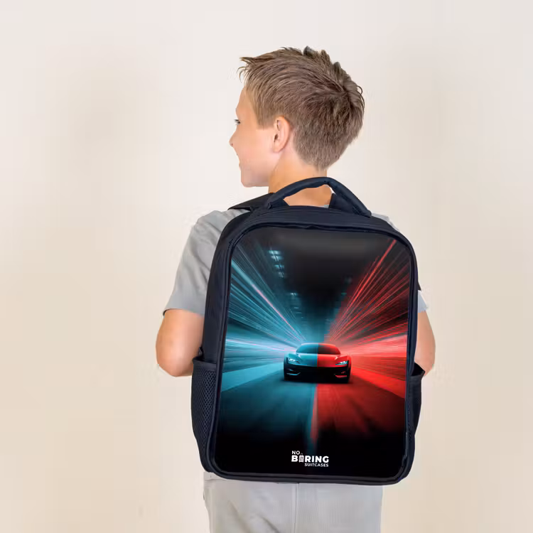 Sportwagen - Lichtstralen - Neon - Blauw Rugzak - Zwart middel -sfeer2