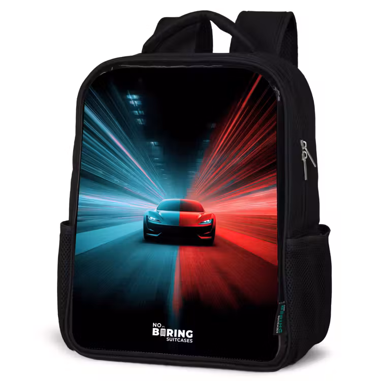 Sportwagen - Lichtstralen - Neon - Blauw Rugzak - Zwart middel -schuin