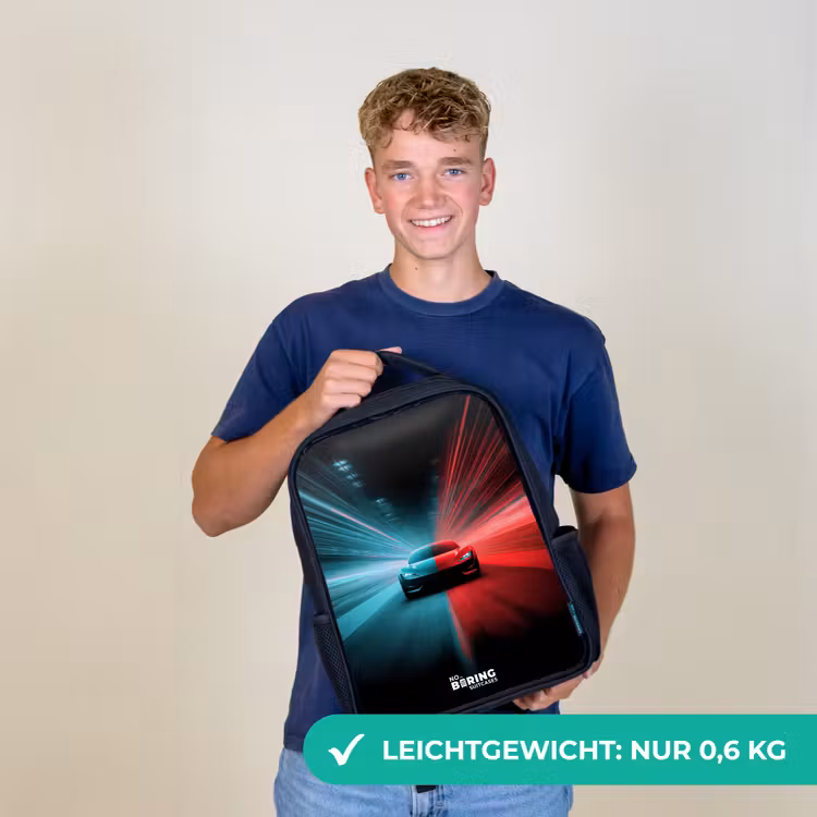 Sportwagen - Lichtstralen - Neon - Blauw Rugzak - Zwart middel -sfeer7_DE