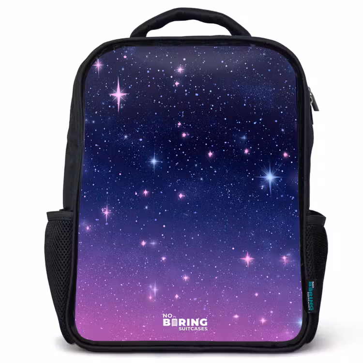 Sterren - Galaxy - Blauw - Roze Rugzak - Zwart middel -3d