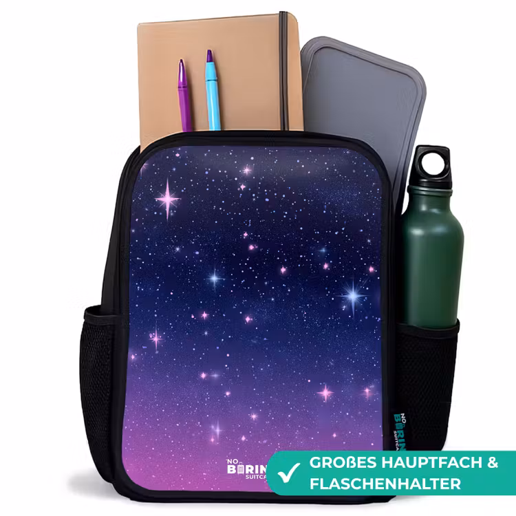 Sterren - Galaxy - Blauw - Roze Rugzak - Zwart middel -inhoud_DE
