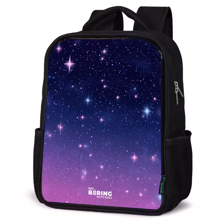 Sterren - Galaxy - Blauw - Roze Rugzak - Zwart middel -schuin