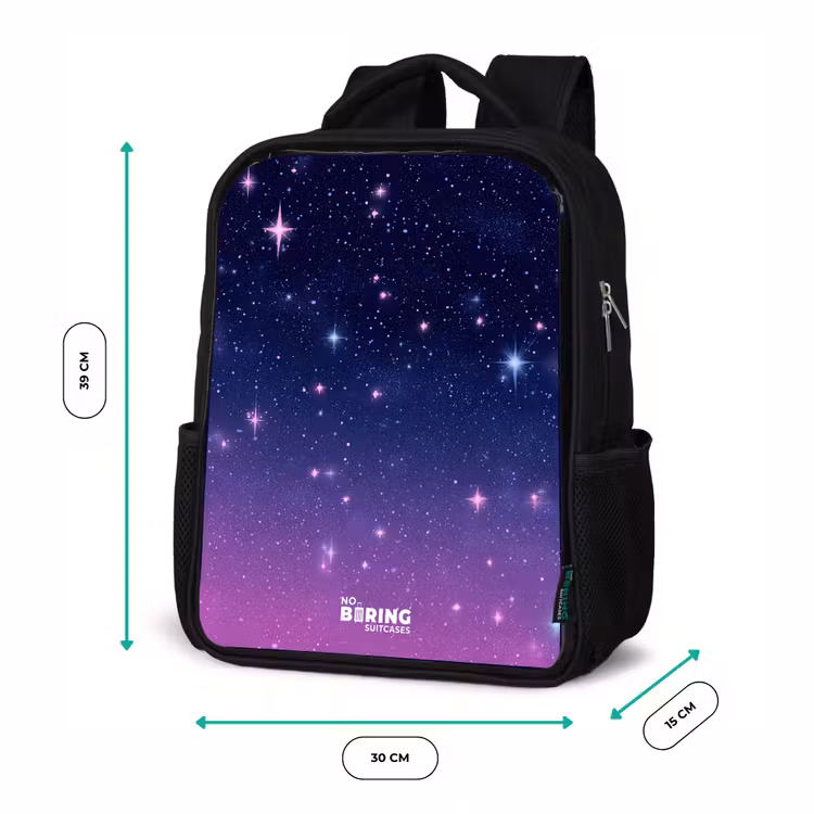 Sterren - Galaxy - Blauw - Roze Rugzak - Zwart middel -productfoto_formaten