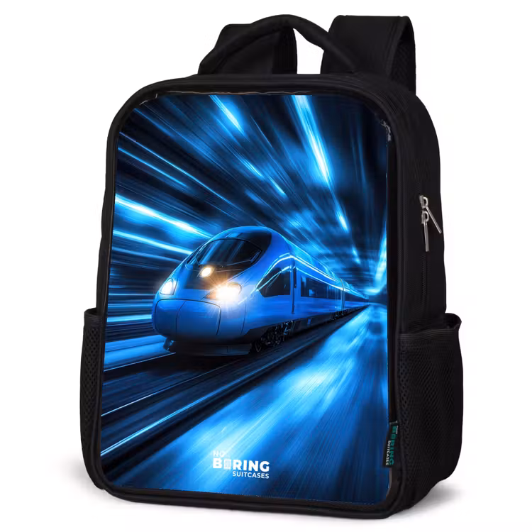 Supersnelle trein in neonblauwe tunnel Rugzak - Zwart middel -schuin