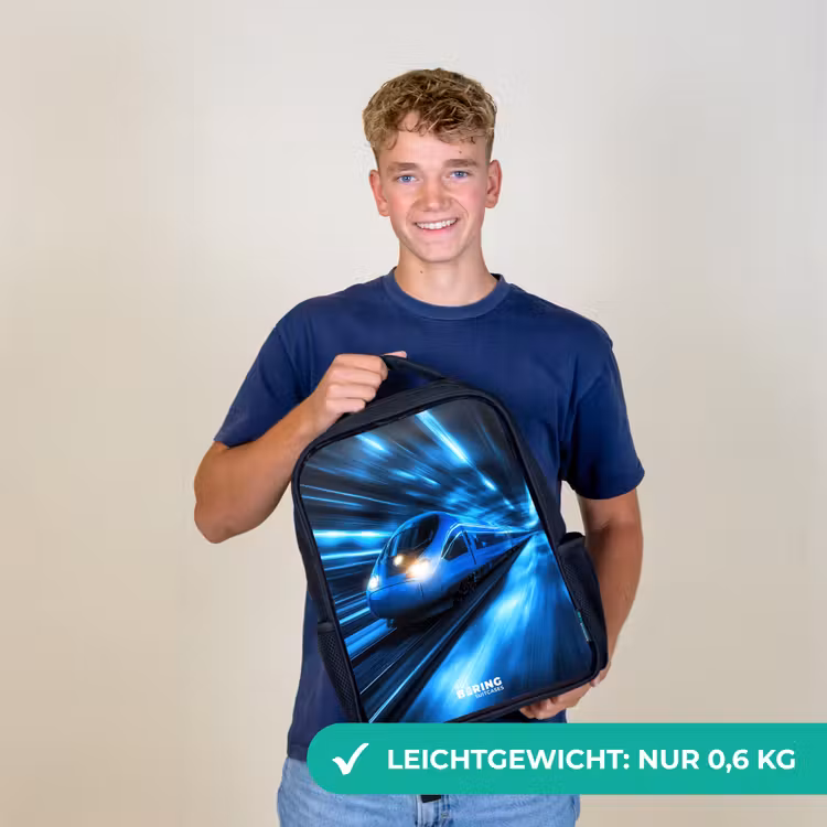 Supersnelle trein in neonblauwe tunnel Rugzak - Zwart middel -sfeer7_DE