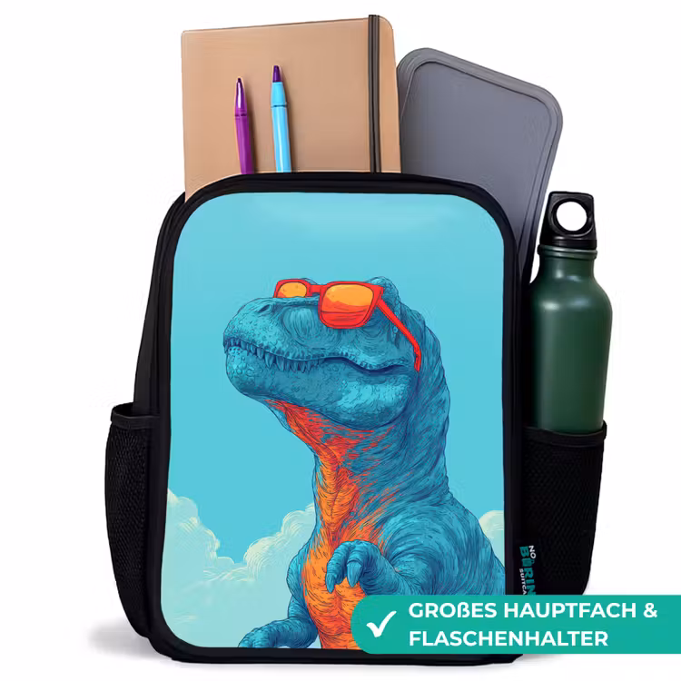 T-Rex - Blauw - Wolken - Zonnebril Rugzak - Zwart middel -inhoud_DE
