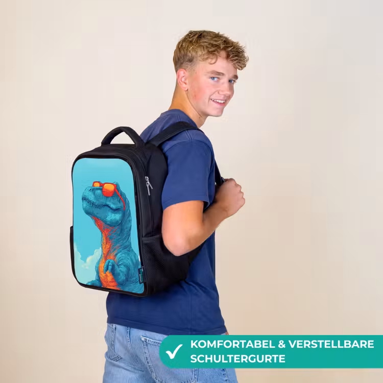 T-Rex - Blauw - Wolken - Zonnebril Rugzak - Zwart middel -sfeer9_DE