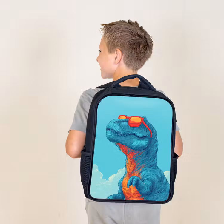 T-Rex - Blauw - Wolken - Zonnebril Rugzak - Zwart middel -sfeer2