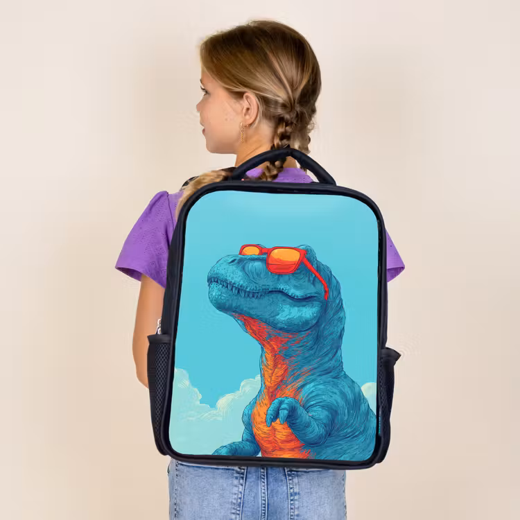 T-Rex - Blauw - Wolken - Zonnebril Rugzak - Zwart middel -sfeer5