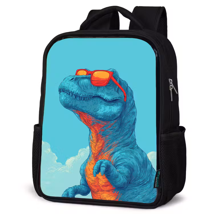 T-Rex - Blauw - Wolken - Zonnebril Rugzak - Zwart middel -schuin