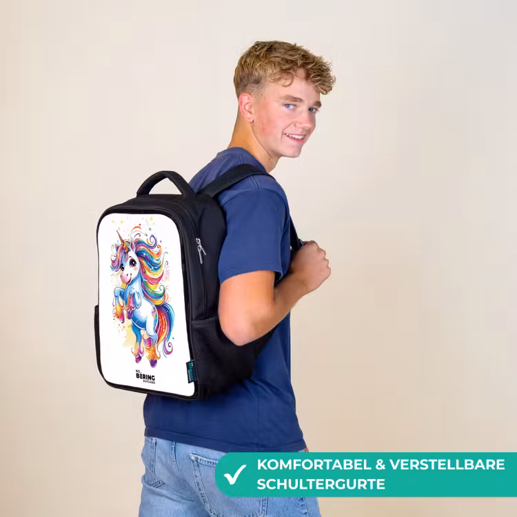 Steigerende Eenhoorn met Regenboogmanen Rugzak - Zwart middel -sfeer9_DE