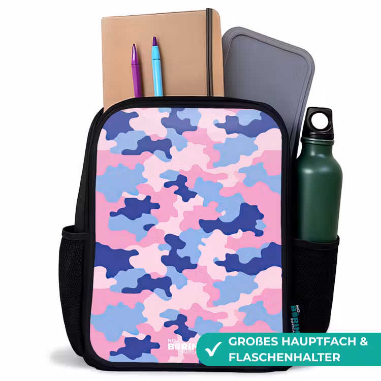 Camouflage - Roze - Blauw Rugzak - Zwart middel -inhoud_DE