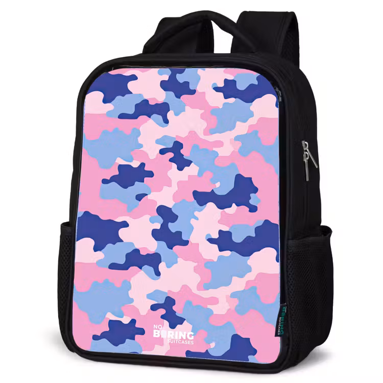 Camouflage - Roze - Blauw Rugzak - Zwart middel -schuin