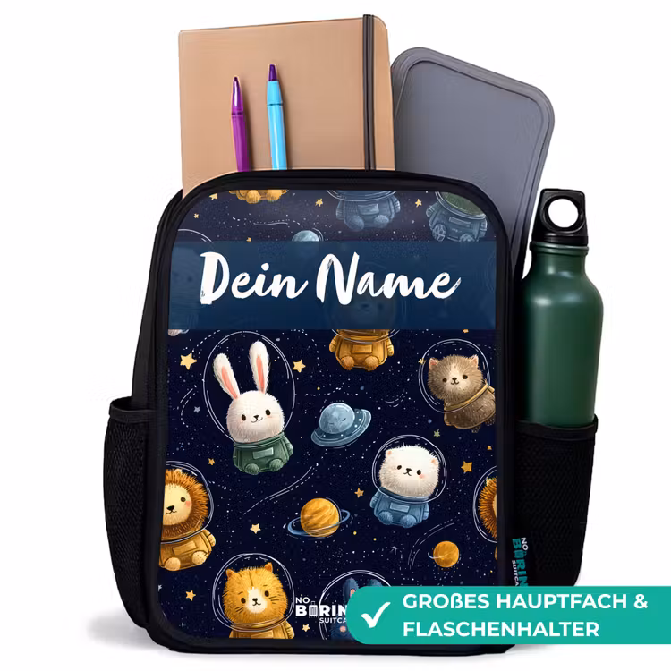 Dieren - Astronaut - Planeten - Sterren Rugzak - Zwart middel -inhoud_DE