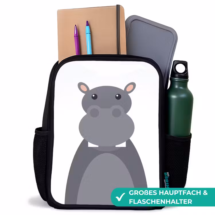 Dierenportret - Nijlpaard - grijs Rugzak - Zwart middel -inhoud_DE