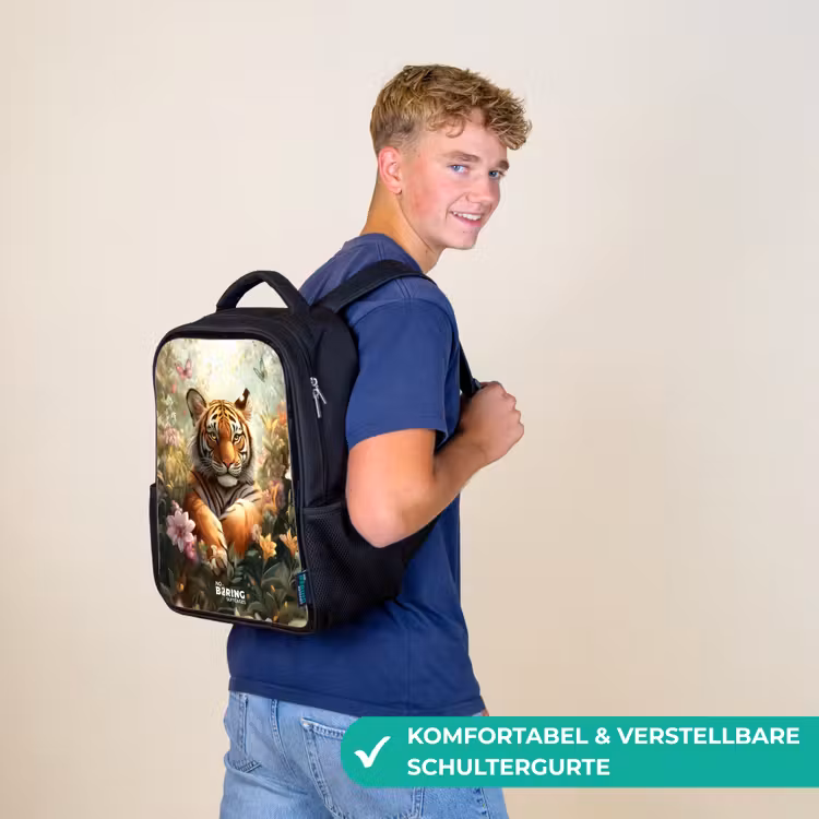 Tijger in bloemenveld met vlinders en zonlicht Rugzak - Zwart middel -sfeer9_DE
