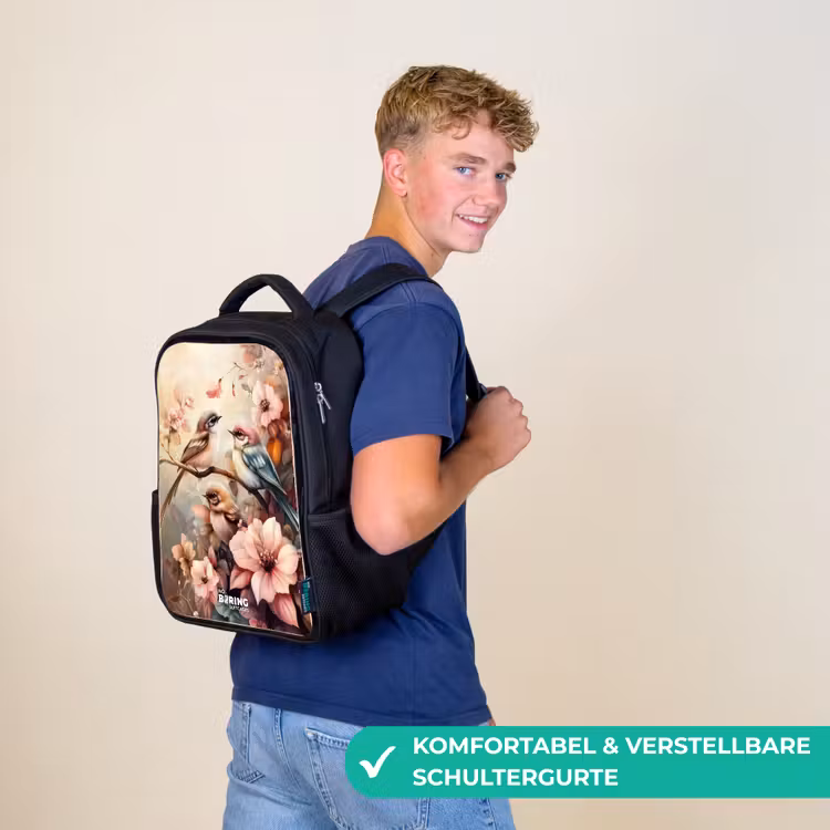 Vogels met roze bloemen Rugzak - Zwart middel -sfeer9_DE