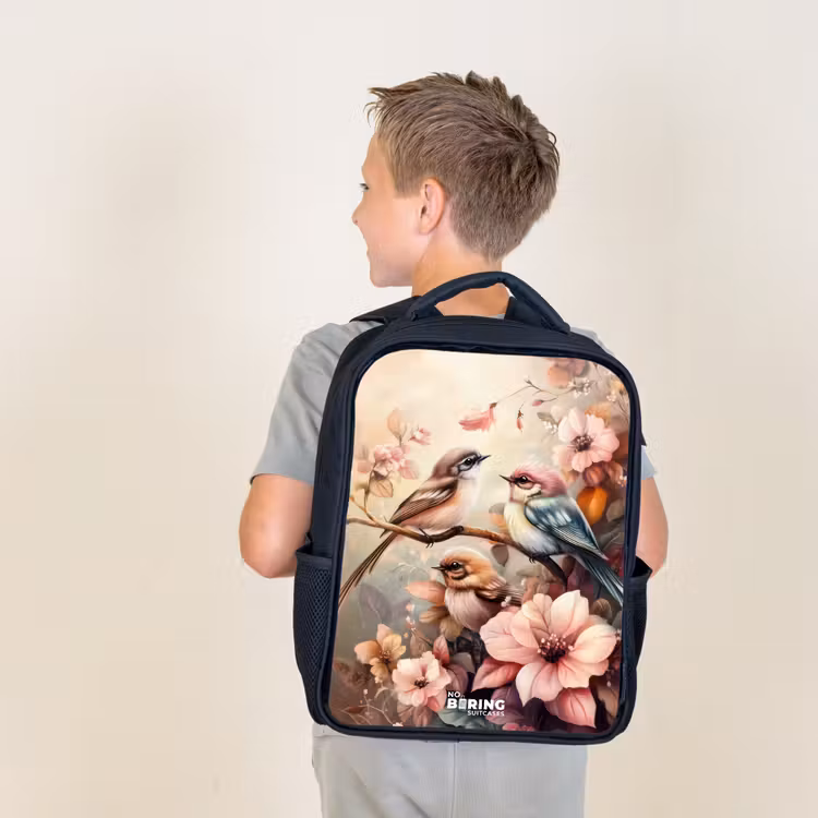 Vogels met roze bloemen Rugzak - Zwart middel -sfeer2