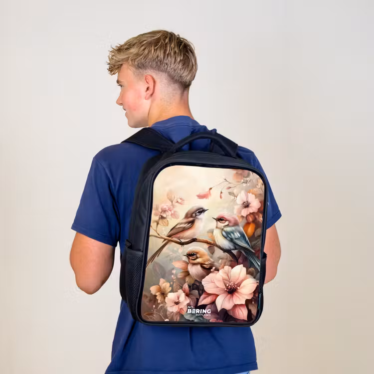Vogels met roze bloemen Rugzak - Zwart middel -sfeer8