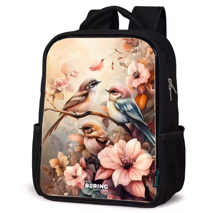 Vogels met roze bloemen Rugzak - Zwart middel -schuin