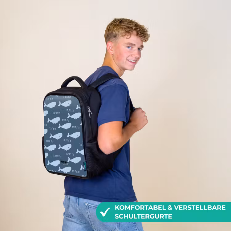 Walvis met golven patroon blauw Rugzak - Zwart middel -sfeer9_DE