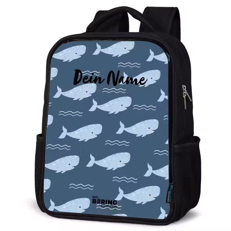 Walvis met golven patroon blauw Rugzak - Zwart middel -schuin