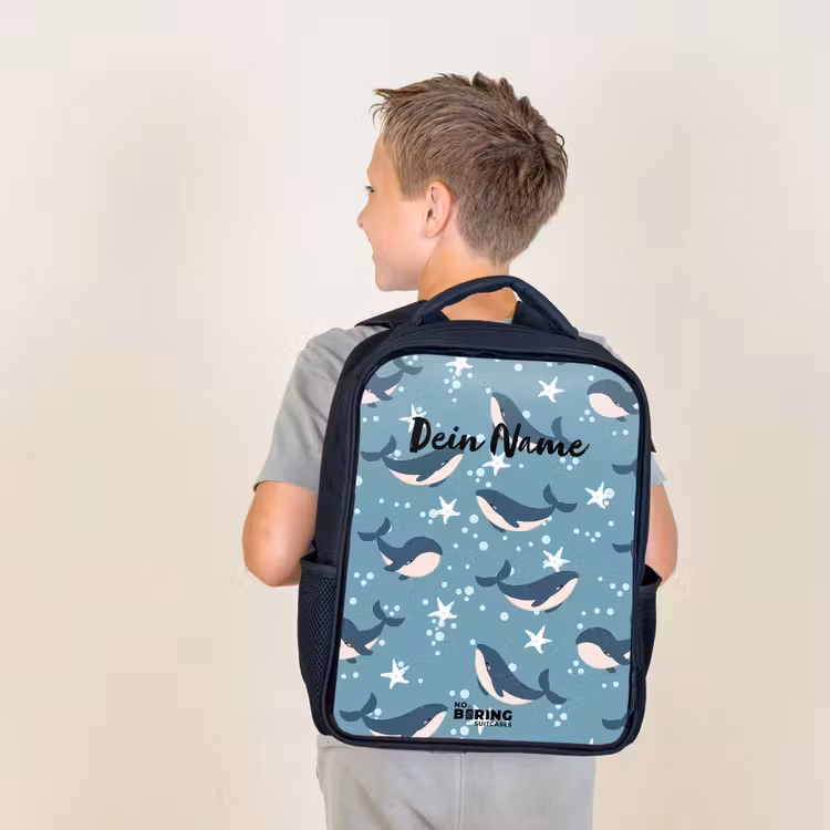 Walvissen met zeesterren patroon blauw Rugzak - Zwart middel -sfeer2