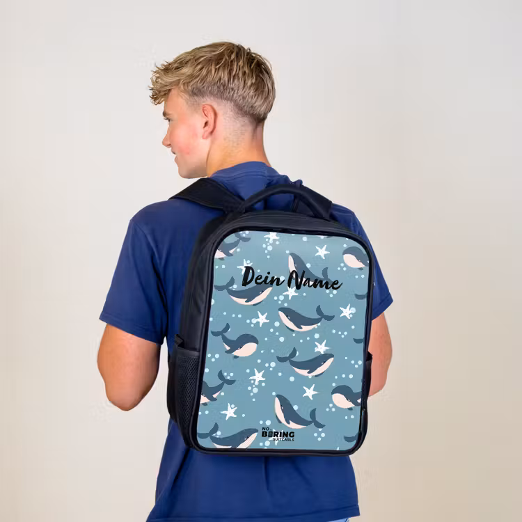 Walvissen met zeesterren patroon blauw Rugzak - Zwart middel -sfeer8