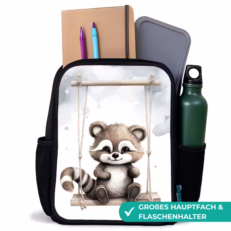 Wasbeer - Dier - Kinderen Rugzak - Zwart middel -inhoud_DE