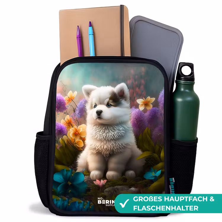 Witte puppy in een bloemenweide Rugzak - Zwart middel -inhoud_DE