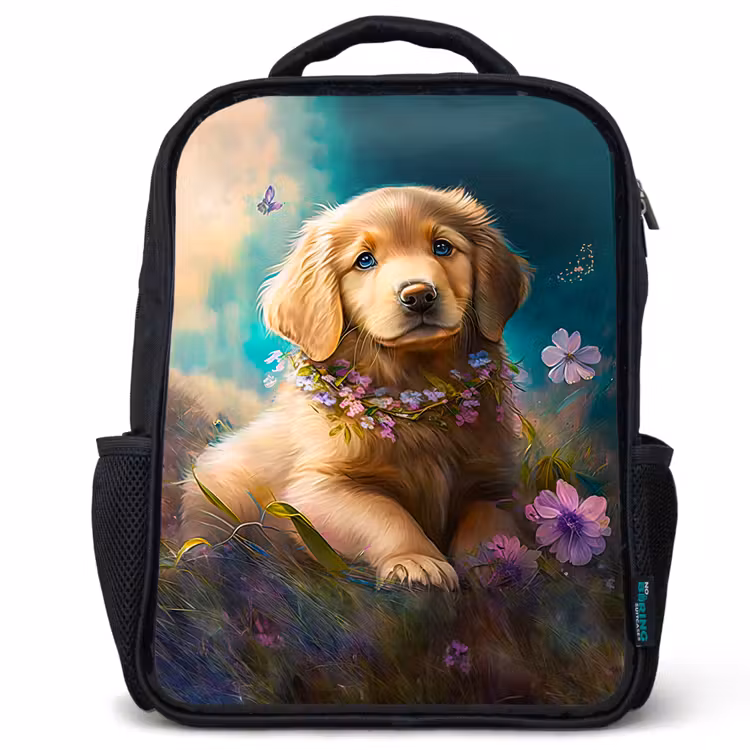 Puppy - Bloemenkrans - Vlinder - Hond - Golden retriever Rugzak - Zwart middel -3d
