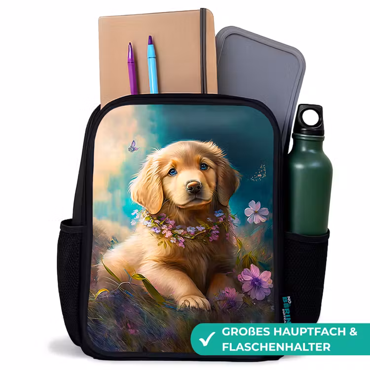 Puppy - Bloemenkrans - Vlinder - Hond - Golden retriever Rugzak - Zwart middel -inhoud_DE