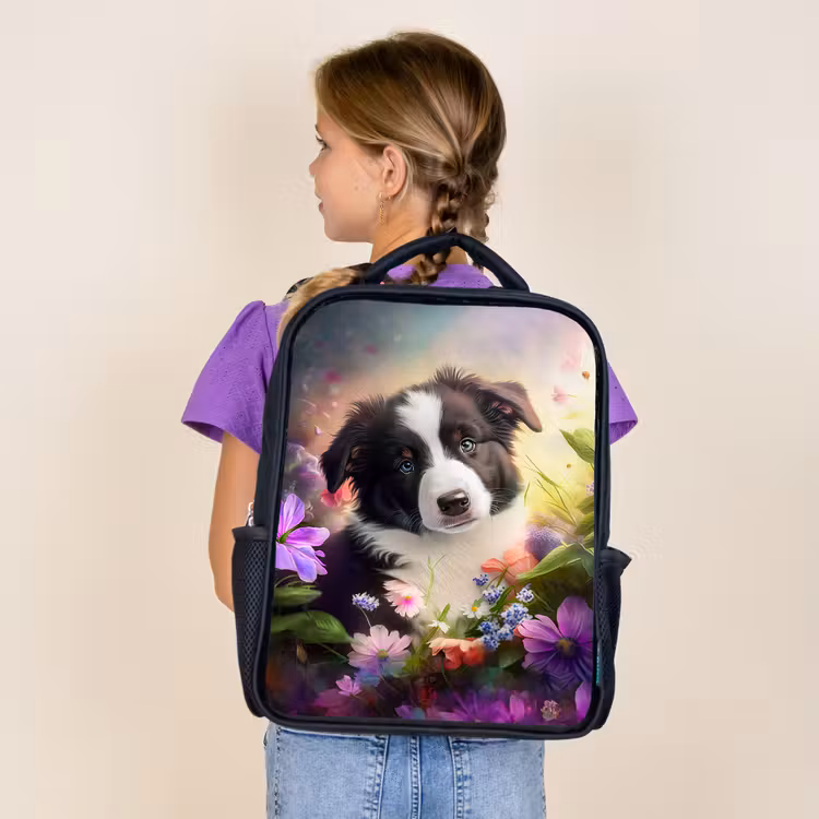 Puppy - Zon - Bloemen - Natuur - Bordercollie - Hond Rugzak - Zwart middel -sfeer5