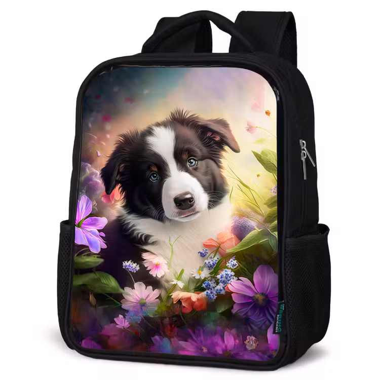 Puppy - Zon - Bloemen - Natuur - Bordercollie - Hond Rugzak - Zwart middel -schuin