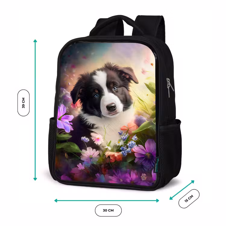 Puppy - Zon - Bloemen - Natuur - Bordercollie - Hond Rugzak - Zwart middel -productfoto_formaten