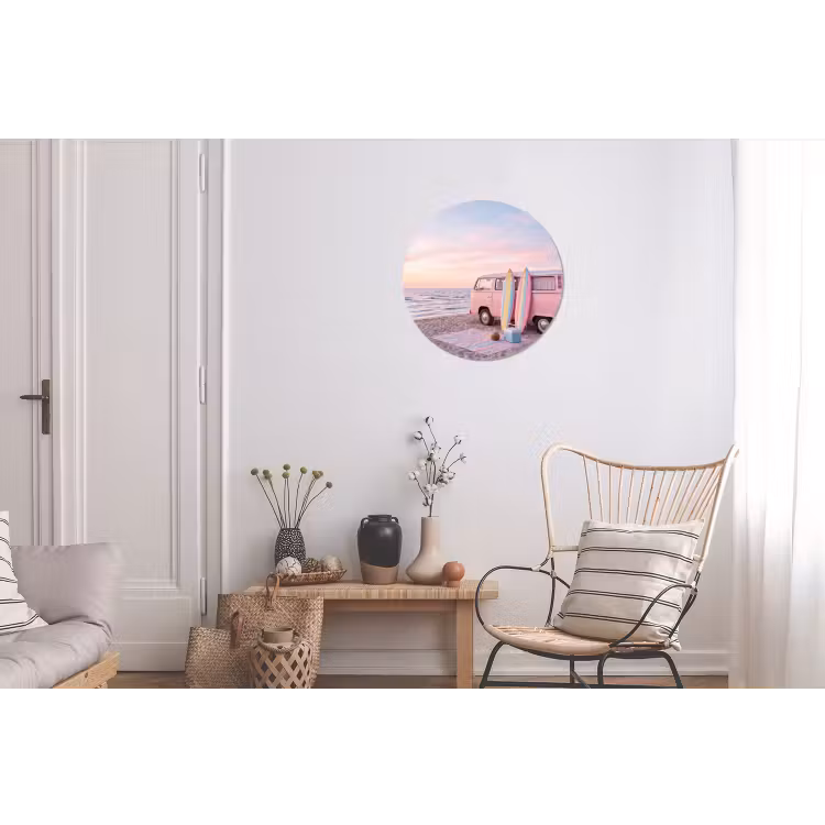 Busje - Strand - Surfplank - Zomer - Roze Wandcirkel aluminium klein -woonkamer