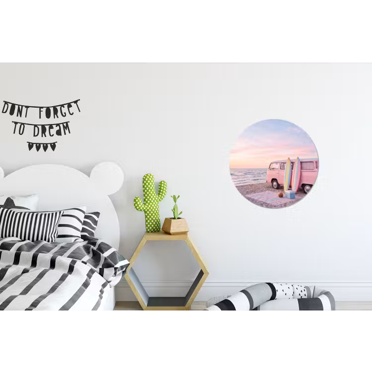 Busje - Strand - Surfplank - Zomer - Roze Wandcirkel aluminium klein -kinderkamer