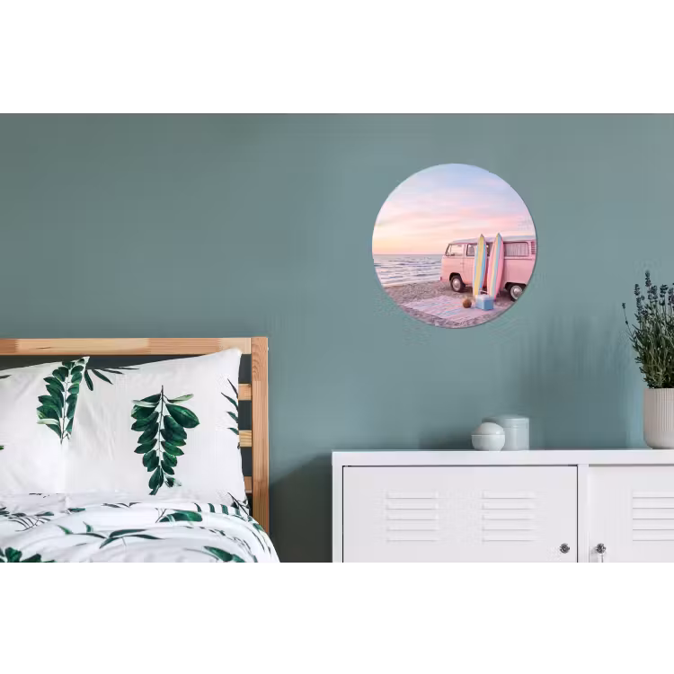 Busje - Strand - Surfplank - Zomer - Roze Wandcirkel aluminium klein -slaapkamer