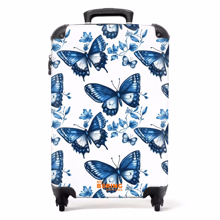 Blauw - Vlinders - Bloemen - Wit NBS - Handbagage koffer - Volwassenen Unisex middel -productfoto_recht