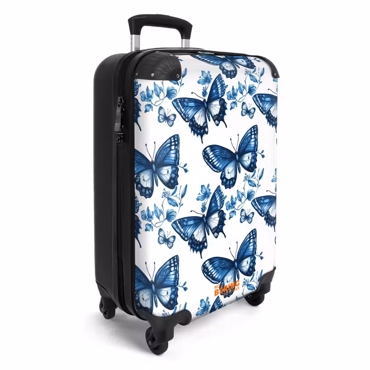 Blauw - Vlinders - Bloemen - Wit NBS - Handbagage koffer - Volwassenen Unisex middel -productfoto_3d