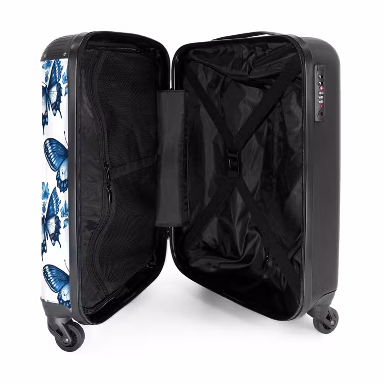 Blauw - Vlinders - Bloemen - Wit NBS - Handbagage koffer - Volwassenen Unisex middel -binnenkant