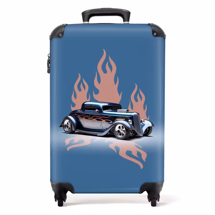 Blauwe auto met roze vlammen NBS - Handbagage koffer - Unisex middel -productfoto_recht