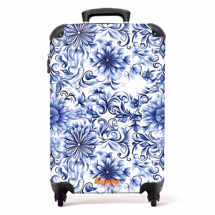 Bloemen - Blauw - Patroon - Wit NBS - Handbagage koffer - Volwassenen Unisex middel -productfoto_recht
