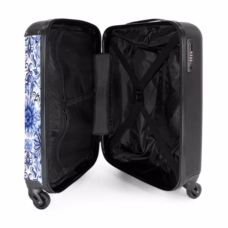 Bloemen - Blauw - Patroon - Wit NBS - Handbagage koffer - Volwassenen Unisex middel -binnenkant